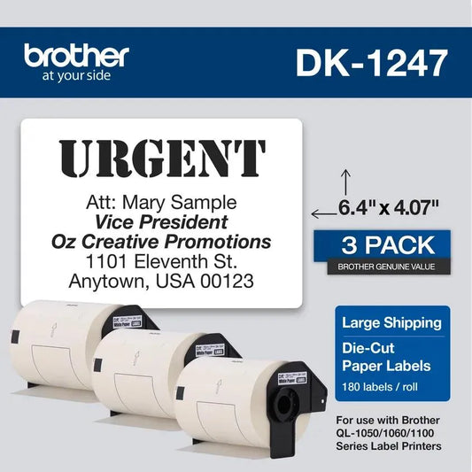 Brother Genuine DK-12473PK Die-Cut Large Shipping Paper Labels, 4.07 in x 6.4 in (103 mm x 164 mm) Large Shipping White Paper Labels, 180 Labels per Roll, (3) Rolls per Box