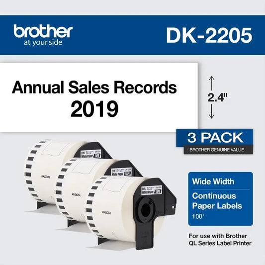 Brother Genuine, DK-22053PK Continuous Paper Label Roll, Cut-to-Length Label, 2.4” x 100 Feet, (3) Rolls Per Box