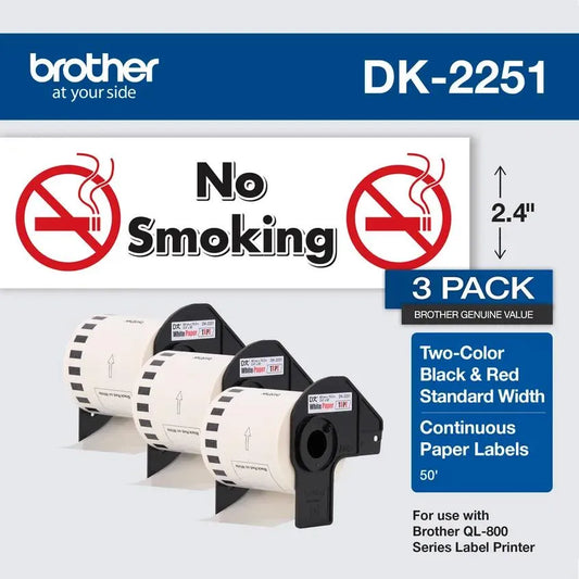 Brother Genuine DK-22513PK Continuous Length Replacement Labels, Black/Red Label on White Paper Tape, Engineered with Excellence, 2.4” x 50 feet, (3) Rolls per Box