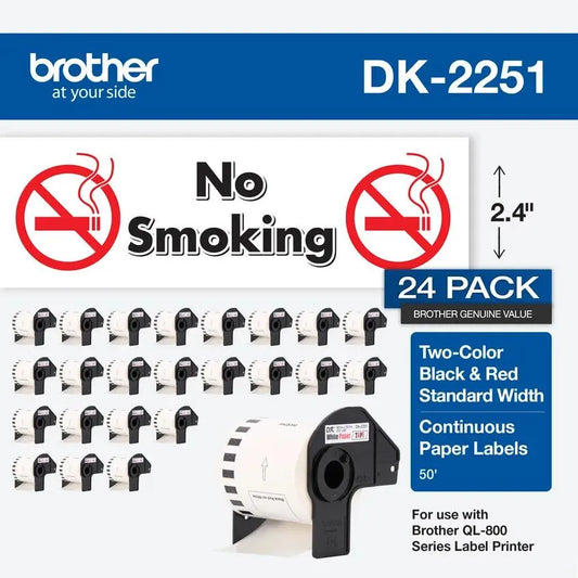 Brother Genuine DK-225124PK Continuous Length Replacement Labels, Black/Red Label on White Paper Tape, Engineered with Excellence, 2.4” x 50 feet, (24) Rolls per Box