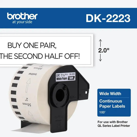 2.0 in x 100 ft (50 mm x 30.4 m) Black on White Continuous Length Paper Tape Continuous length that can be cut to any size you need (based on your Brother QL model) Great for packages, binders, shipping, shelves and more