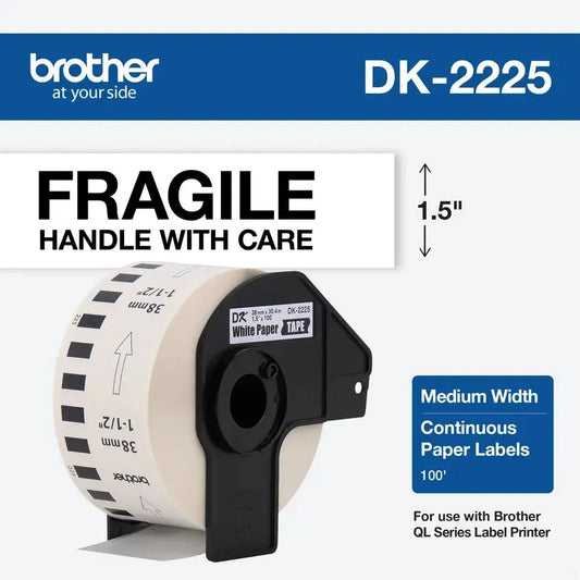 1.5 in x 100 ft (38 mm x 30.4 m) Black on White Continuous Length Paper Tape Continuous length that can be cut to any size you need (based on your Brother QL model) Great for packages, binders, pricing, signage and more