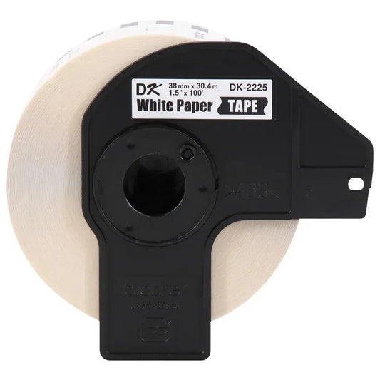 1.5 in x 100 ft (38 mm x 30.4 m) Black on White Continuous Length Paper Tape Continuous length that can be cut to any size you need (based on your Brother QL model) Great for packages, binders, pricing, signage and more