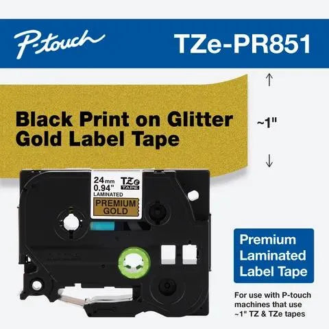 Black Print on Premium Glitter Gold Laminated Tape for P-touch Label Maker, 24mm (0.94”) wide x 8m (26.2’) long