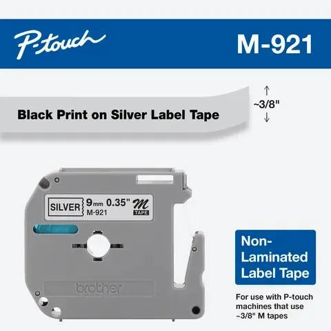 9mm (0.35") Black on Silver Non-Laminated tape for P-touch 8m (26.2 ft)
