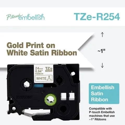 P-touch Embellish Gold Print on White Satin Ribbon ~1” (24mm) x 13.1’ (4m)