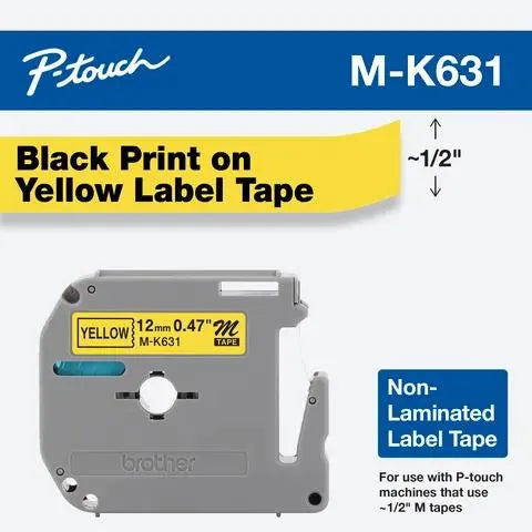 12mm (0.47") Black on Yellow Non-Laminated tape for P-touch (26.2 ft)