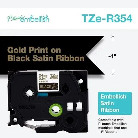 P-touch Embellish Gold Print on Black Satin Ribbon ~1” (24mm) x 13.1’ (4m)