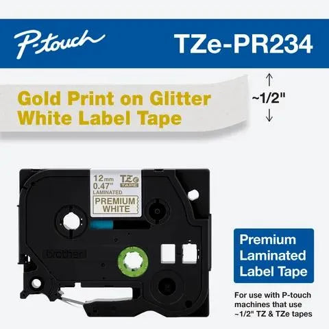 Gold Print on White Laminated Tape for P-touch Label Maker, 12mm (0.47”) wide x 8m (26.2’) long