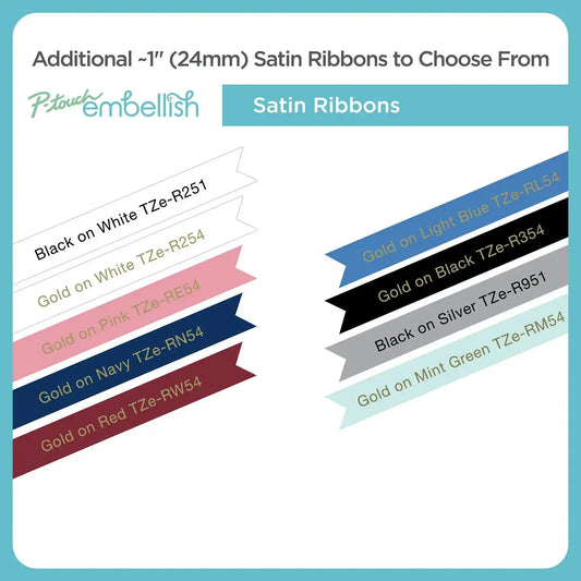 P-touch Embellish Gold Print on Red Satin Ribbon ~1” (24mm) x 13.1’ (4m)