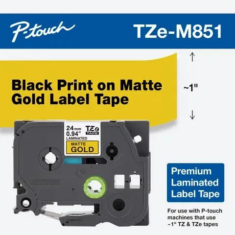 Black Print on Premium Matte Gold Laminated Tape for P-touch Label Maker, 24mm (0.94”) wide x 8m (26.2’) long