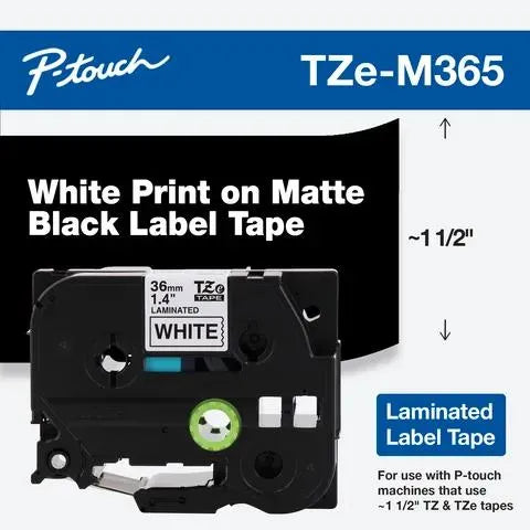 Brother P-touch TZe-M365 White Print on Matte Black Label Tape 1.4” (36mm) wide x 26.2’ (8m) long
