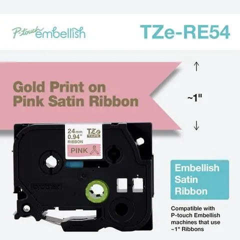 P-touch Embellish Gold Print on Pink Satin Ribbon ~1” (24mm) x 13.1’ (4m)