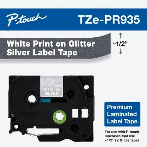 White Print on Premium Glitter Silver Laminated Tape for P-touch Label Maker, 12mm (0.47”) wide x 8m (26.2’) long