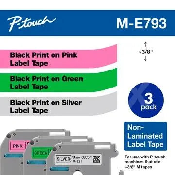 (1 Each) 9mm (0.35") Black on Pink, Black on Green, Black on Silver Non-Laminated tape for P-touch 8m (26.2 ft) each.