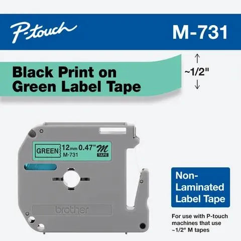 12mm (0.47") Black on Green Non-Laminated tape for P-touch 8m (26.2 ft)
