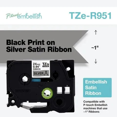 P-touch Embellish Black Print on Sliver Satin Ribbon ~1” (24mm) x 13.1’ (4m)