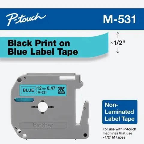 12mm (0.47") Black on Blue Non-Laminated tape for P-touch 8m (26.2 ft)