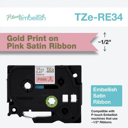 P-touch Embellish Gold on Pink Satin Ribbon 12mm (~1/2") x 4m