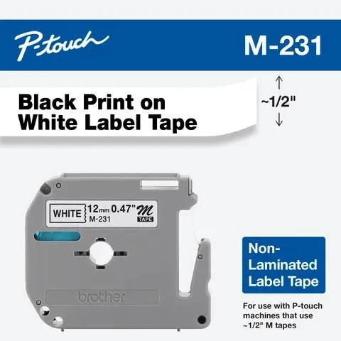 12mm (0.47") Black on White Non-Laminated tape for P-touch 8m (26.2 ft)
