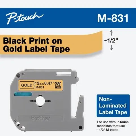 12mm (0.47") Black on Gold Non-Laminated tape for P-touch 8m (26.2 ft)