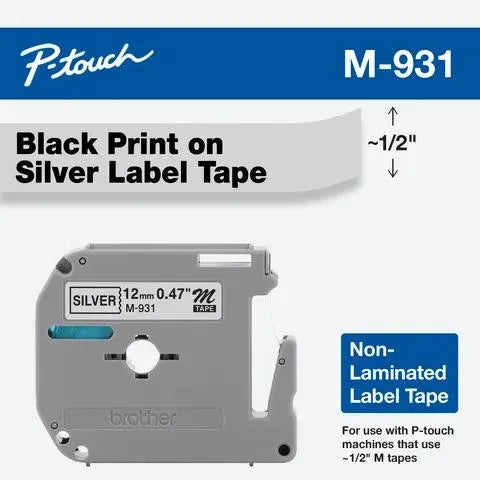 12mm (0.47") Black on Silver Non-Laminated tape for P-touch 8m (26.2 ft)