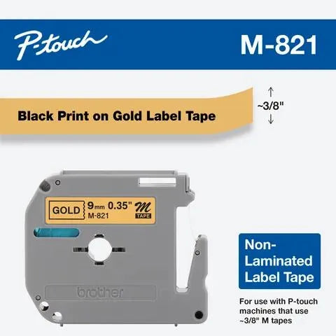 9mm (0.35") Black on Gold Non-Laminated tape for P-touch 8m (26.2 ft)