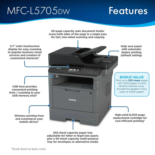 Brother RMFCL5705DW Business Monochrome Laser All-in-One Printer, Refurbished