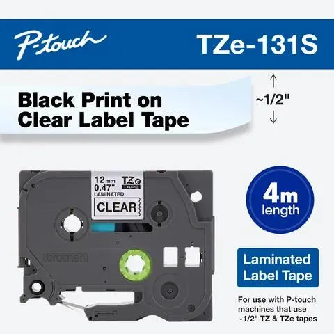 Black Print on Clear Economy Laminated Label Tape for P-touch Label Maker, 12mm (0.47”) wide x 4m (13.1’) long