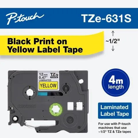 Black Print on Yellow Economy Laminated Label Tape for P-touch Label Maker, 12mm (0.47”) wide x 4m (13.1’) long