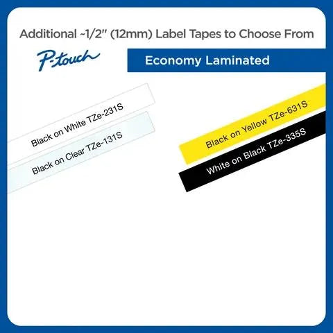 White Print on Black Economy Laminated Label Tape for P-touch Label Maker, 12mm (0.47”) wide x 4m (13.1’) long