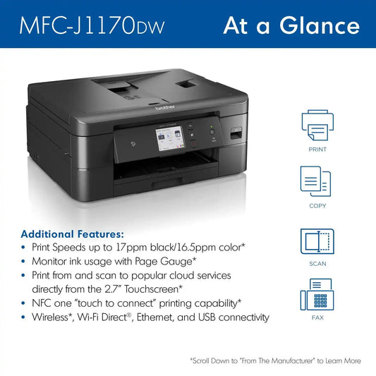 Brother RMFCJ1170DW Wireless Color Inkjet All-in-One Printer, Refurbished