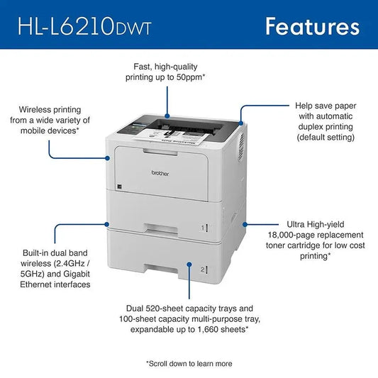 Brother HL-L6210DWT Business Monochrome Laser Printer with Duplex Printing