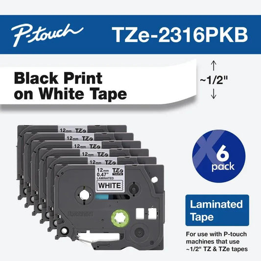 Black Print on White Laminated Label Tape for P-touch Label Maker, 12mm (0.47”) wide x 8m (26.2’) long, 6 pack
