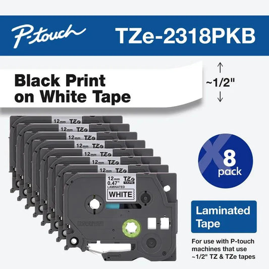 Black Print on White Laminated Label Tape for P-touch Label Maker, 12mm (0.47”) wide x 8m (26.2’) long 8 pack