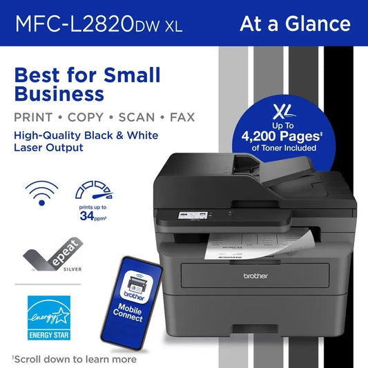 Brother MFC-L2820DW XL Wireless Compact Monochrome Laser All-in-One Printer