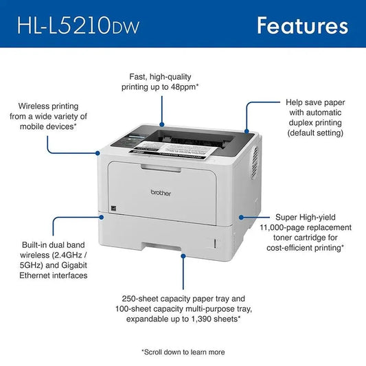 Brother HL-L5210DW Business Wireless Monochrome Laser Printer with Duplex Printing