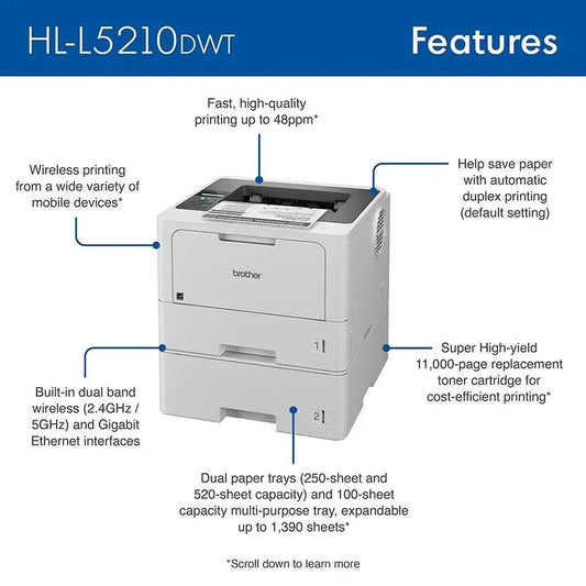 Brother HL-L5210DWT Business Wireless Monochrome Laser Printer with Duplex Printing