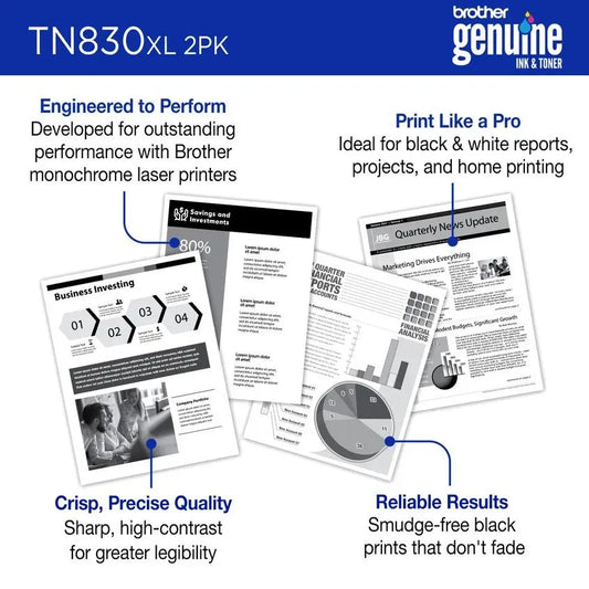 Brother Genuine TN830XL2PK High-Yield Black Twin Pack Toner Cartridges