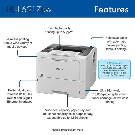 Brother HL-L6217DW Business Monochrome Laser Printer with Duplex Printing