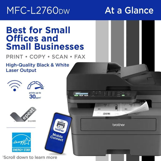 Brother RMFCL2760DW Compact Monochrome Laser All-in-One Printer, Refurbished