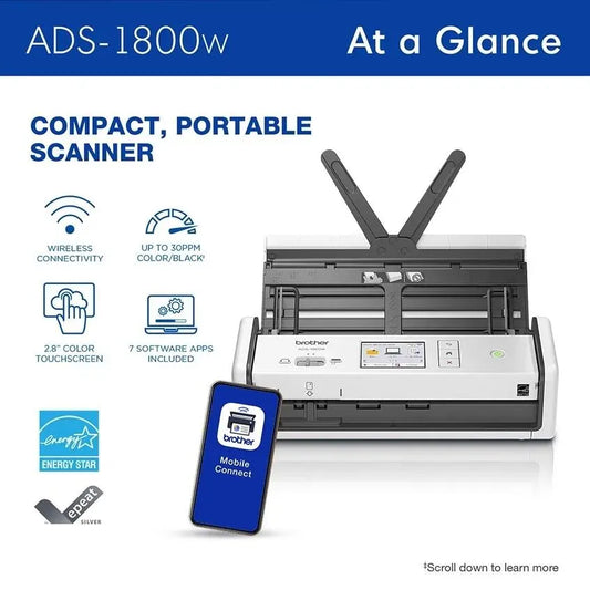 Brother ADS-1800W Wireless Compact Color Desktop Scanner with Touchscreen