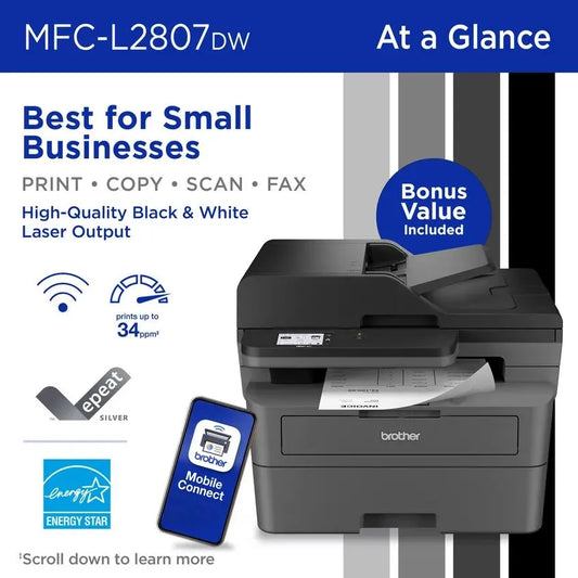 Brother RMFCL2807DW Compact Monochrome Laser All-in-One Printer, Refurbished