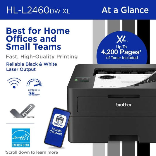 Brother HL-L2460DW Wireless Compact Monochrome Laser Printer with Duplex and Mobile Printing