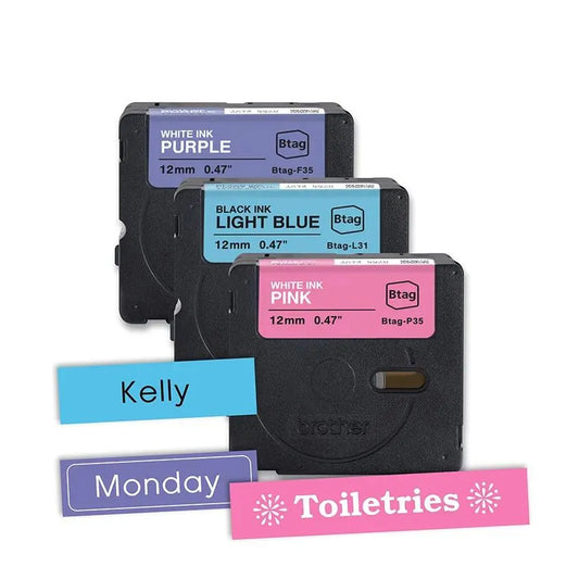 P-touch Btag 3-Pack White on Purple, Black on Light Blue, White on Pink Label Tape ~1/2in x 13.1ft (12mm x 4m) each