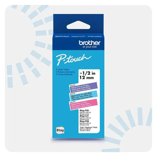 P-touch Btag 3-Pack White on Purple, Black on Light Blue, White on Pink Label Tape ~1/2in x 13.1ft (12mm x 4m) each