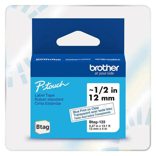 P-touch Btag Blue on Clear Label Tape BTAG133, ~1/2in by 13.1ft (12mm x 4m)