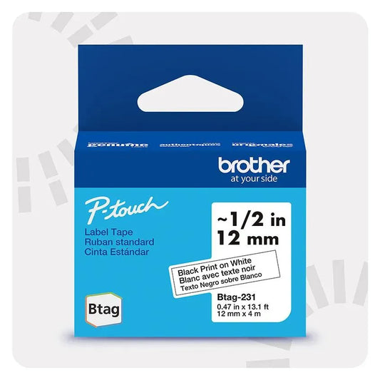 P-touch Btag Black on White Label Tape BTAG231, ~1/2in by 13.1ft (12mm x 4m)