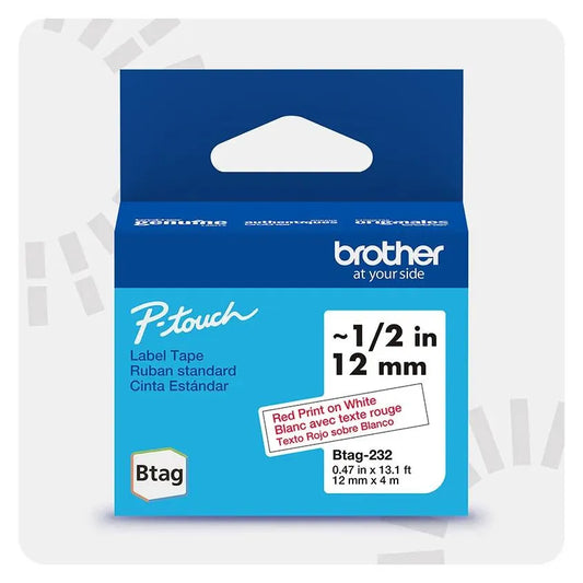 P-touch Btag Red on White Label Tape BTAG232, ~1/2in by 13.1ft (12mm x 4m)