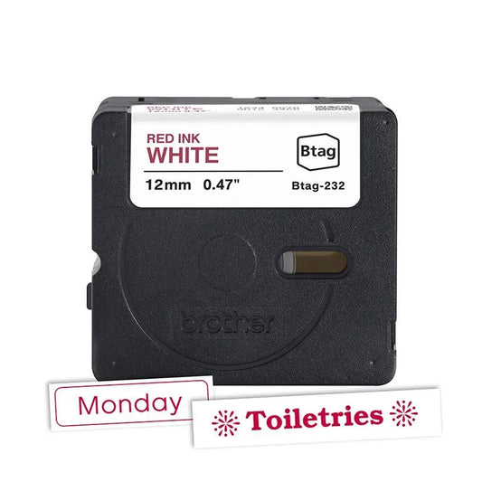 P-touch Btag Red on White Label Tape BTAG232, ~1/2in by 13.1ft (12mm x 4m)